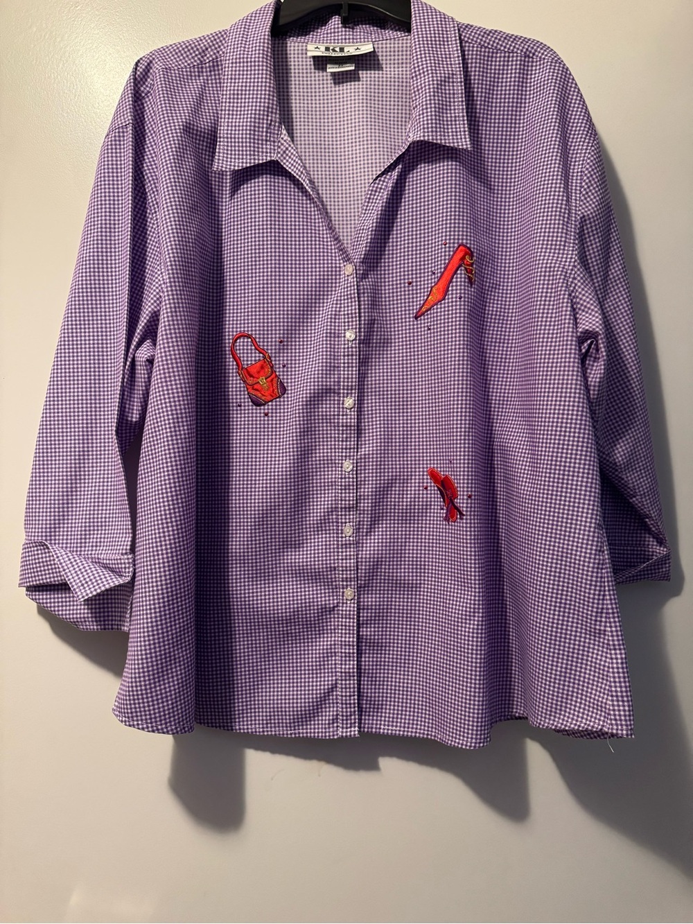 KL Collection Lavender Gingham Button-Up Shirt